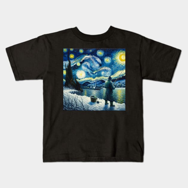 Ice Fishing Under Starry Night - Winter Fishing Kids T-Shirt by Edd Paint Something